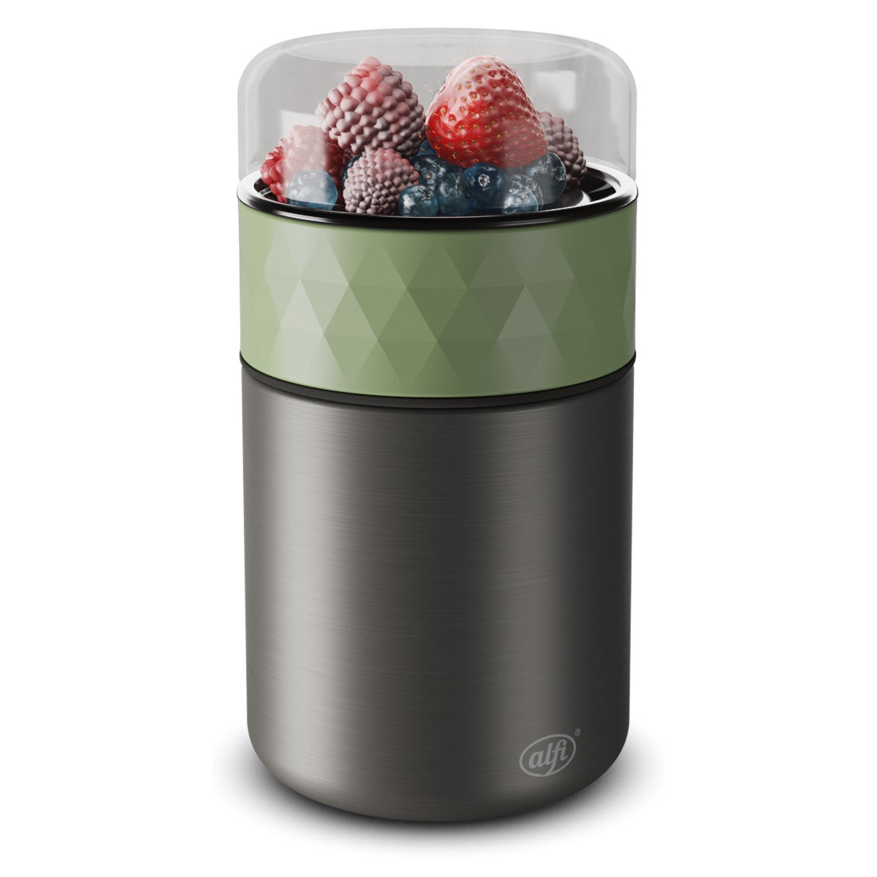 Ein zylinderförmiger Behälter mit einem Edelstahlboden und grünem geometrischem Muster ist mit gefrorenen Beeren gefüllt. Der Behälter wird von einem durchsichtigen Deckel abgedeckt.