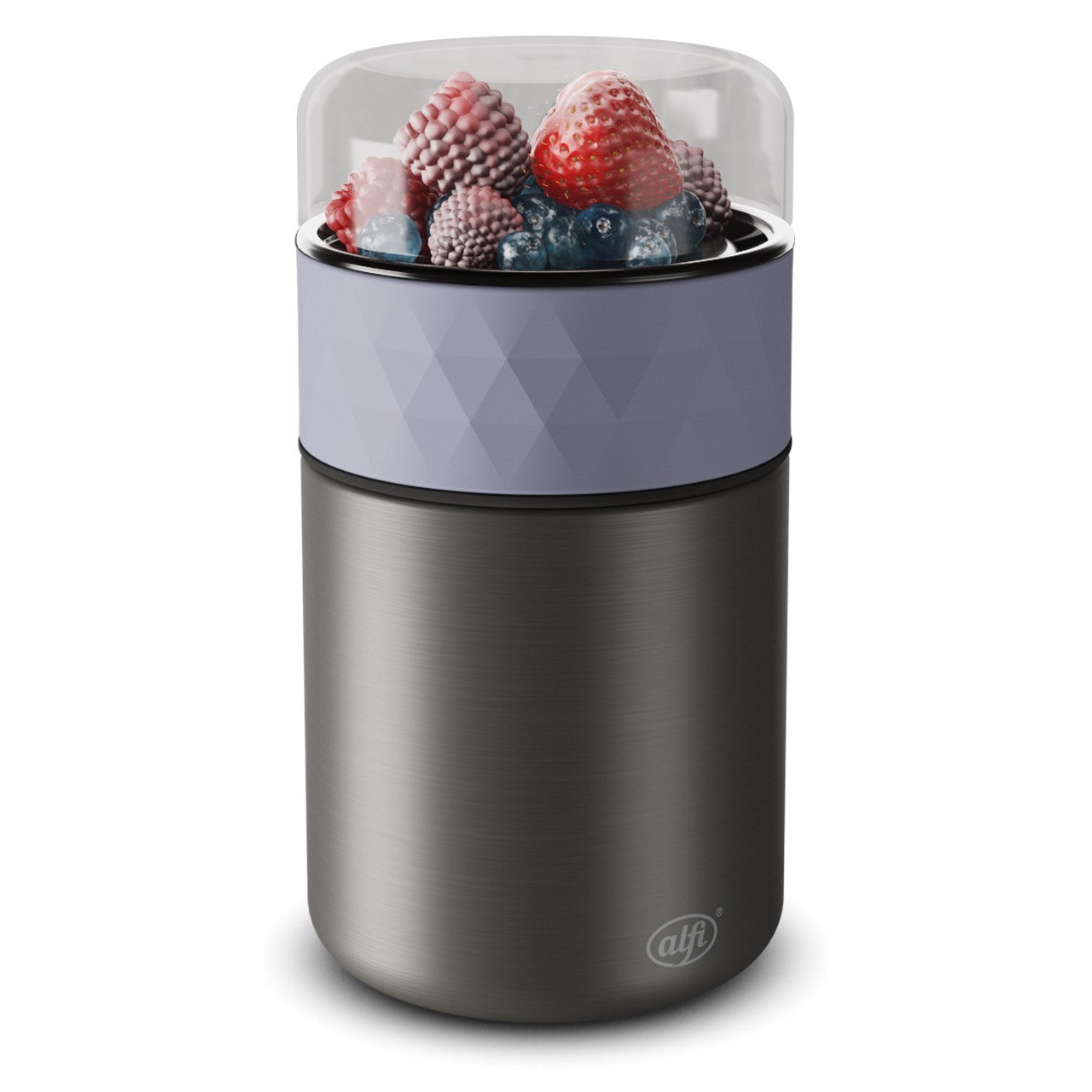 Das Bild zeigt einen modernen, zweifarbigen Isolierbehälter mit einer strukturierten, matten und einer glänzenden Oberfläche. Oben ist der Behälter mit gefrorenen Beeren gefüllt und mit einem transparenten Deckel verschlossen.
