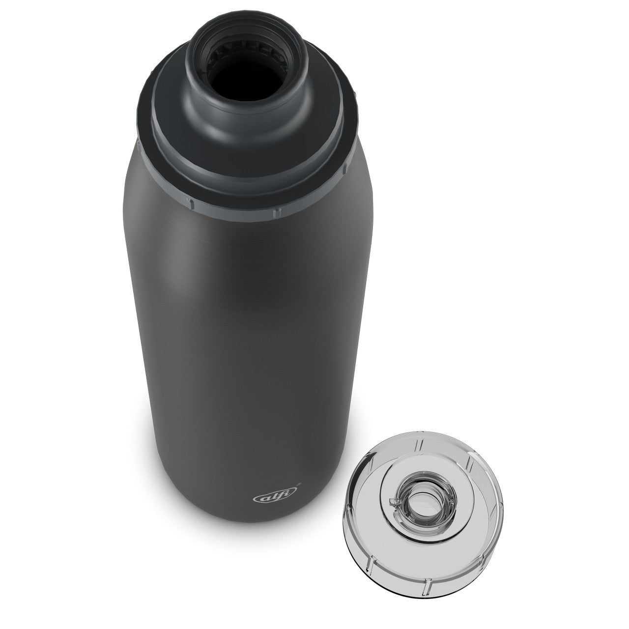 Das Bild zeigt eine schwarze Thermosflasche mit offenem Deckel. Neben der Flasche liegt der abgeschraubte Deckel. Die Flasche ist aus Metall und hat eine schlichte, glatte Oberfläche.