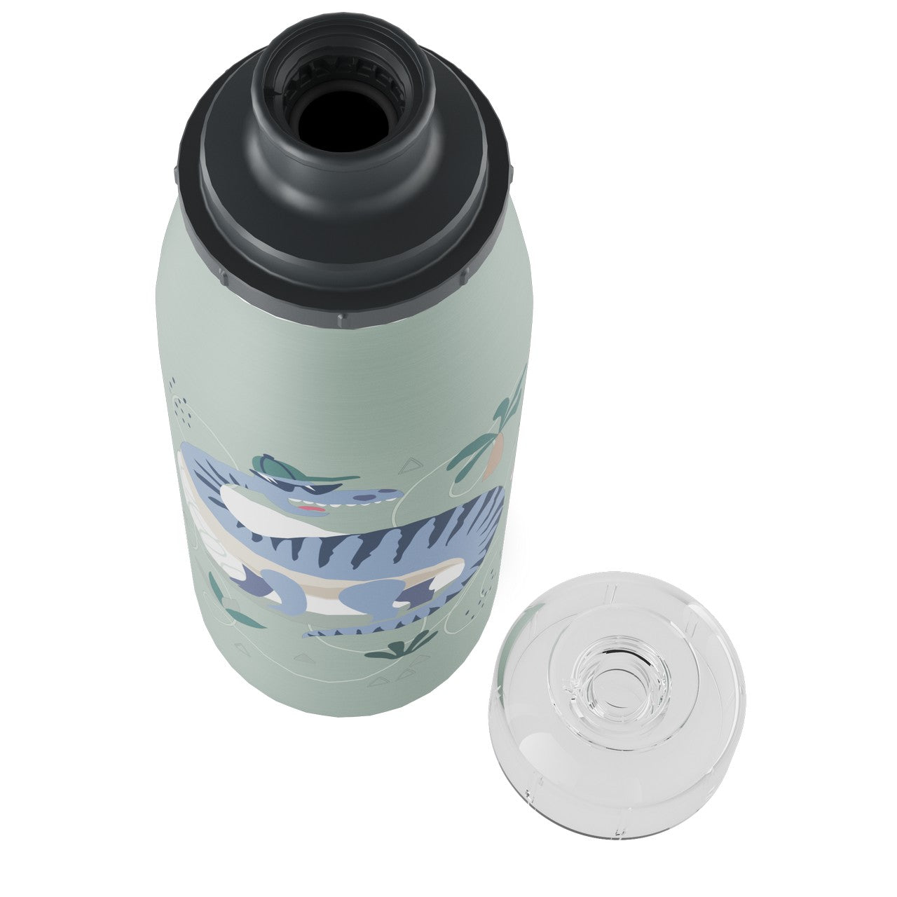 Auf dem Bild ist eine grüne Trinkflasche mit einem Tropfdeckel zu sehen, die ein buntes, tropisches Design mit Pflanzen und einem Tier besitzt, möglicherweise einem Tiger. Der Deckel der Flasche liegt daneben und ist durchsichtig.