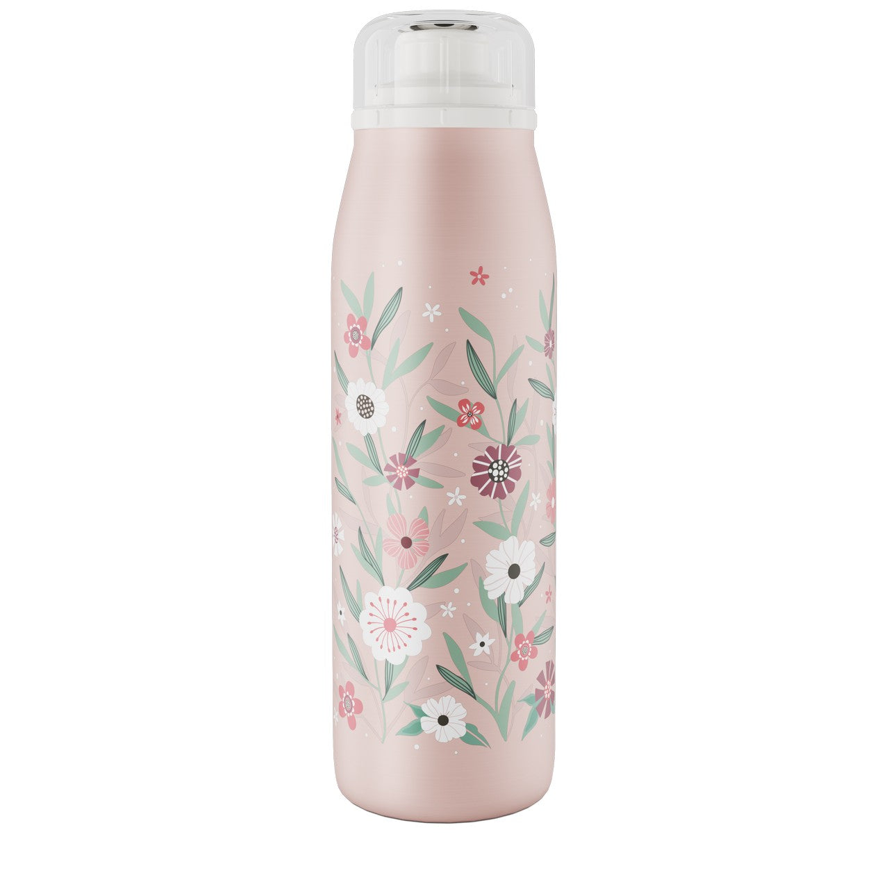 Es handelt sich um eine rosafarbene Trinkflasche, die mit einem floralen Muster aus weißen, rosa und roten Blumen sowie grünen Blättern verziert ist. Der Deckel ist durchsichtig und sitzt fest auf der Flasche.
