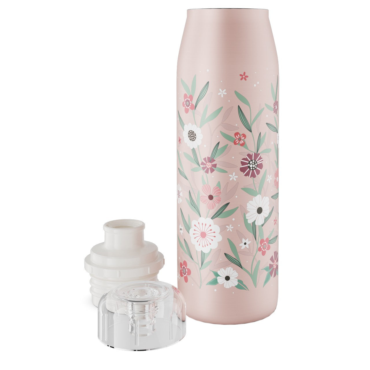 Das Bild zeigt eine rosa Thermosflasche mit floralen Mustern aus grünen Blättern und Blumen. Daneben liegen zwei abnehmbare Verschlüsse, einer aus weißem Plastik, der andere aus klarem Kunststoff.