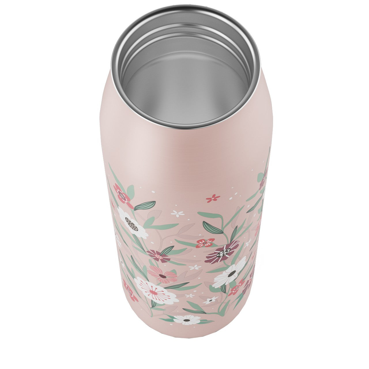 Das Bild zeigt eine rosafarbene, wiederverwendbare Metalltrinkflasche mit floralen Mustern in verschiedenen Grüntönen und weißen sowie roten Blüten. Die Flasche hat einen offenen Deckel und wirkt elegant gestaltet.