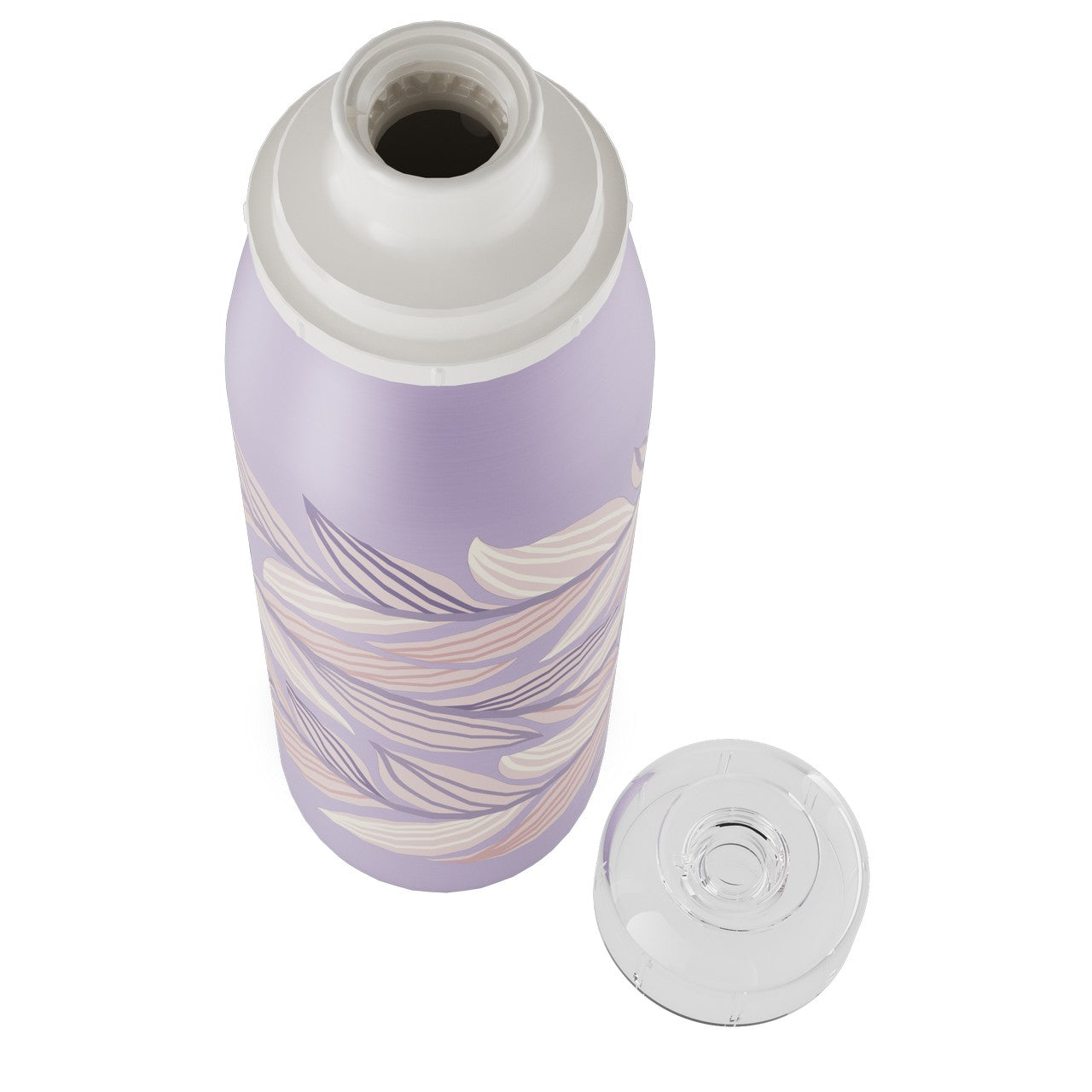 Das Bild zeigt eine geöffnete Trinkflasche mit einem weißen Deckel, der daneben liegt. Die Flasche hat ein lila Design mit einem Muster aus hellen Blättern oder geschwungenen Linien.