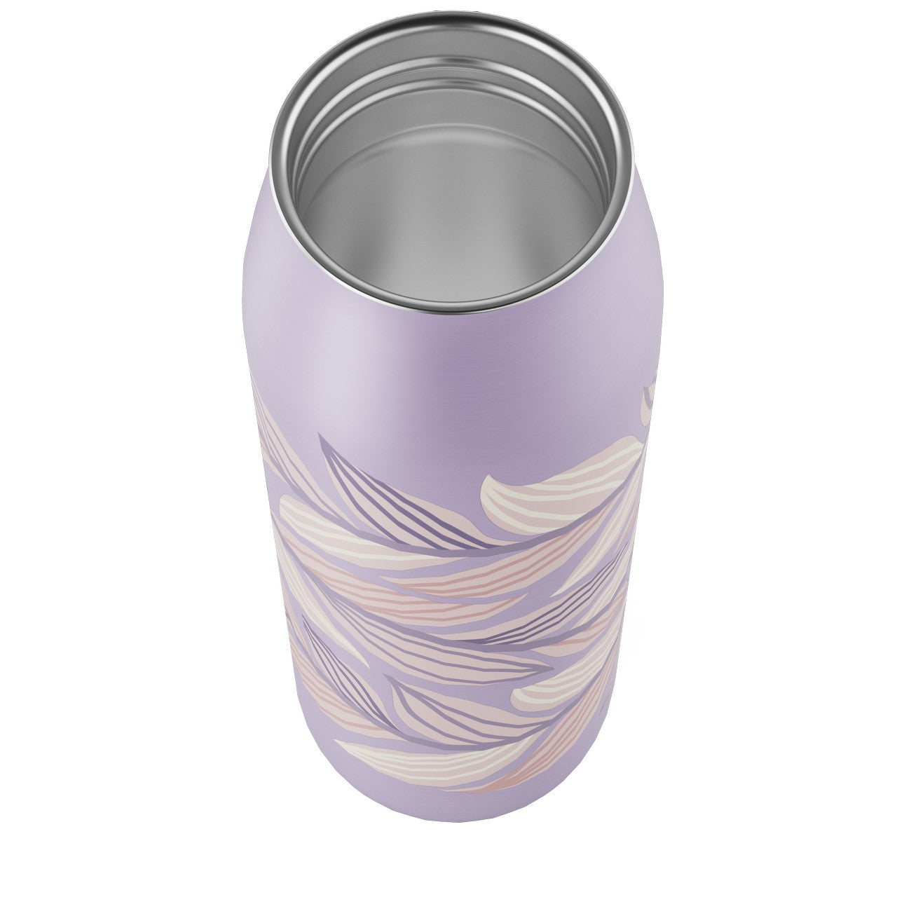 Auf dem Bild ist eine lila Getränkedose mit einem floralen Muster zu sehen. Das Design besteht aus abstrahierten, hellen Blütenblättern oder Federn. Die Dose hat keinen Deckel und ist von oben fotografiert.