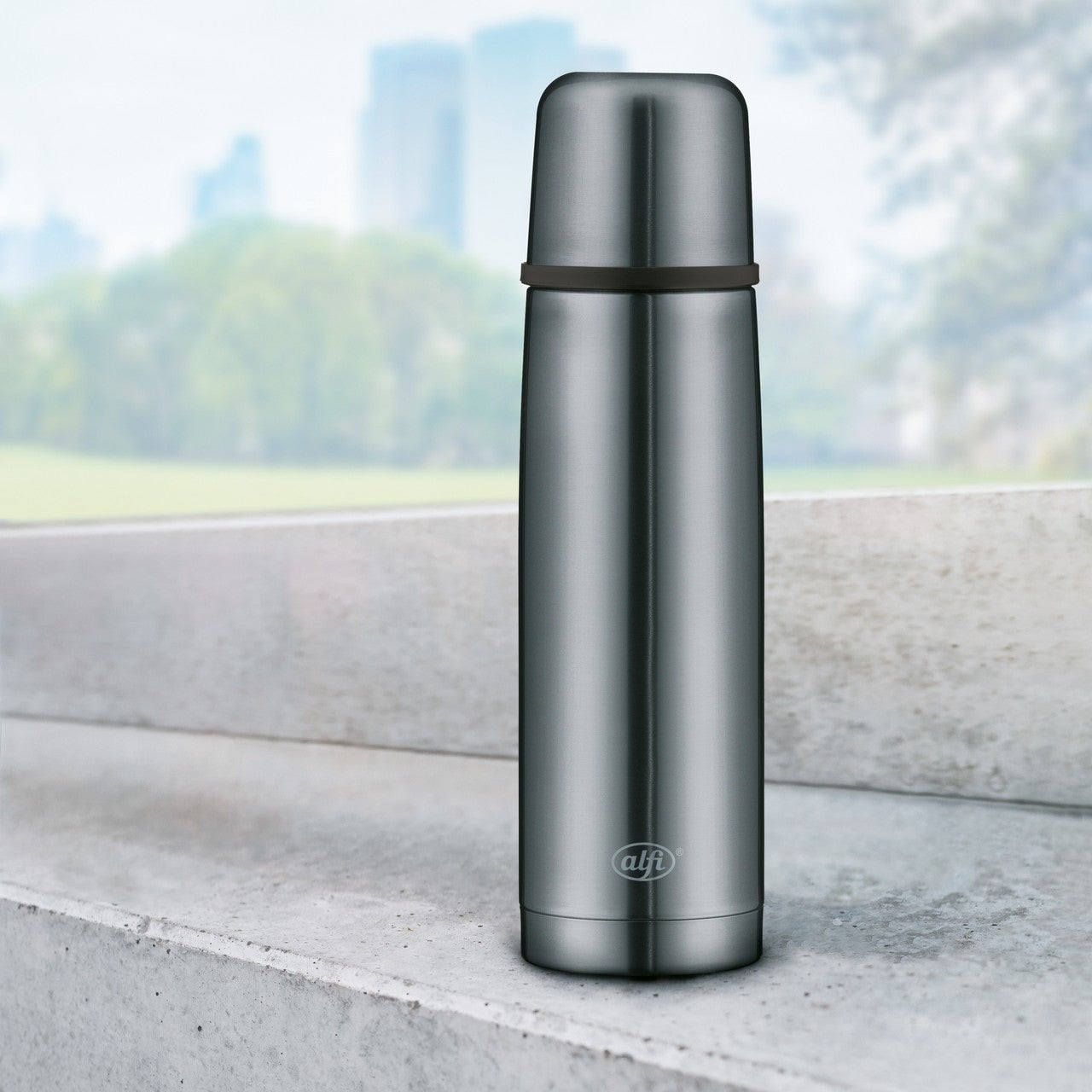 Auf dem Bild ist eine silberne Thermoskanne mit einem schlanken, zylindrischen Design zu sehen, die auf einer grauen Betonfläche steht. Im Hintergrund verschwimmt eine grüne Parklandschaft mit blauen Himmel und verschwommenen Gebäuden in der Ferne.