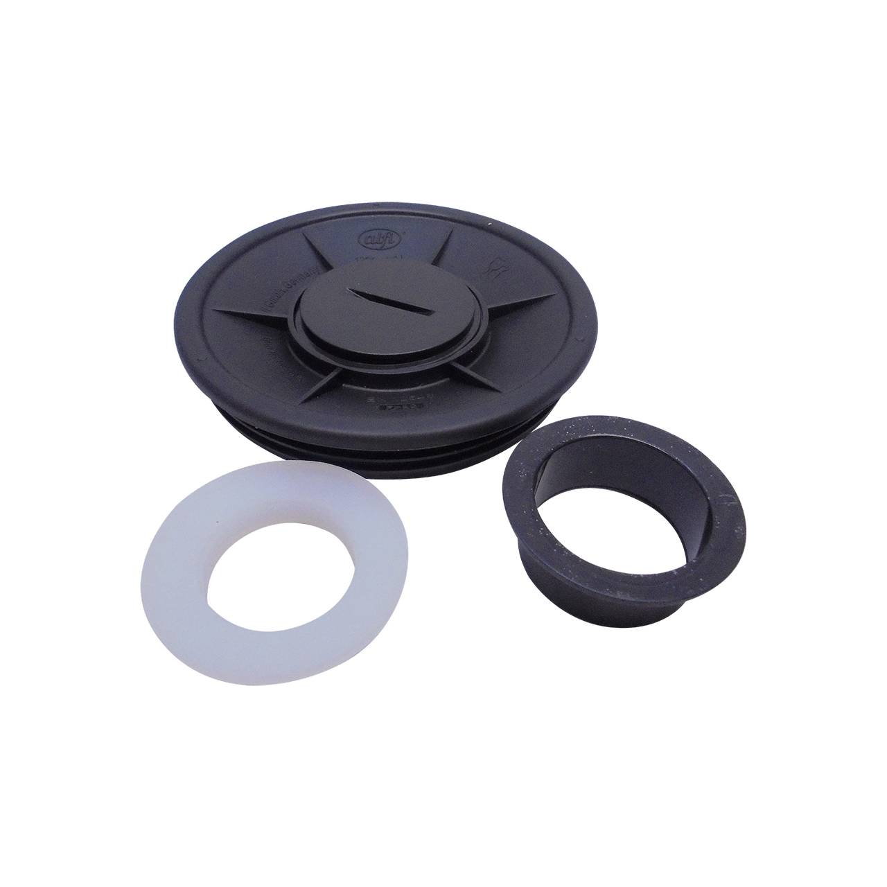 Das Bild zeigt drei runde technische Teile: eine große schwarze Scheibe mit mittigem Kreis, einen weißen Ring und einen kleineren schwarzen Zylinder. Sie liegen auf einem weißen Hintergrund.