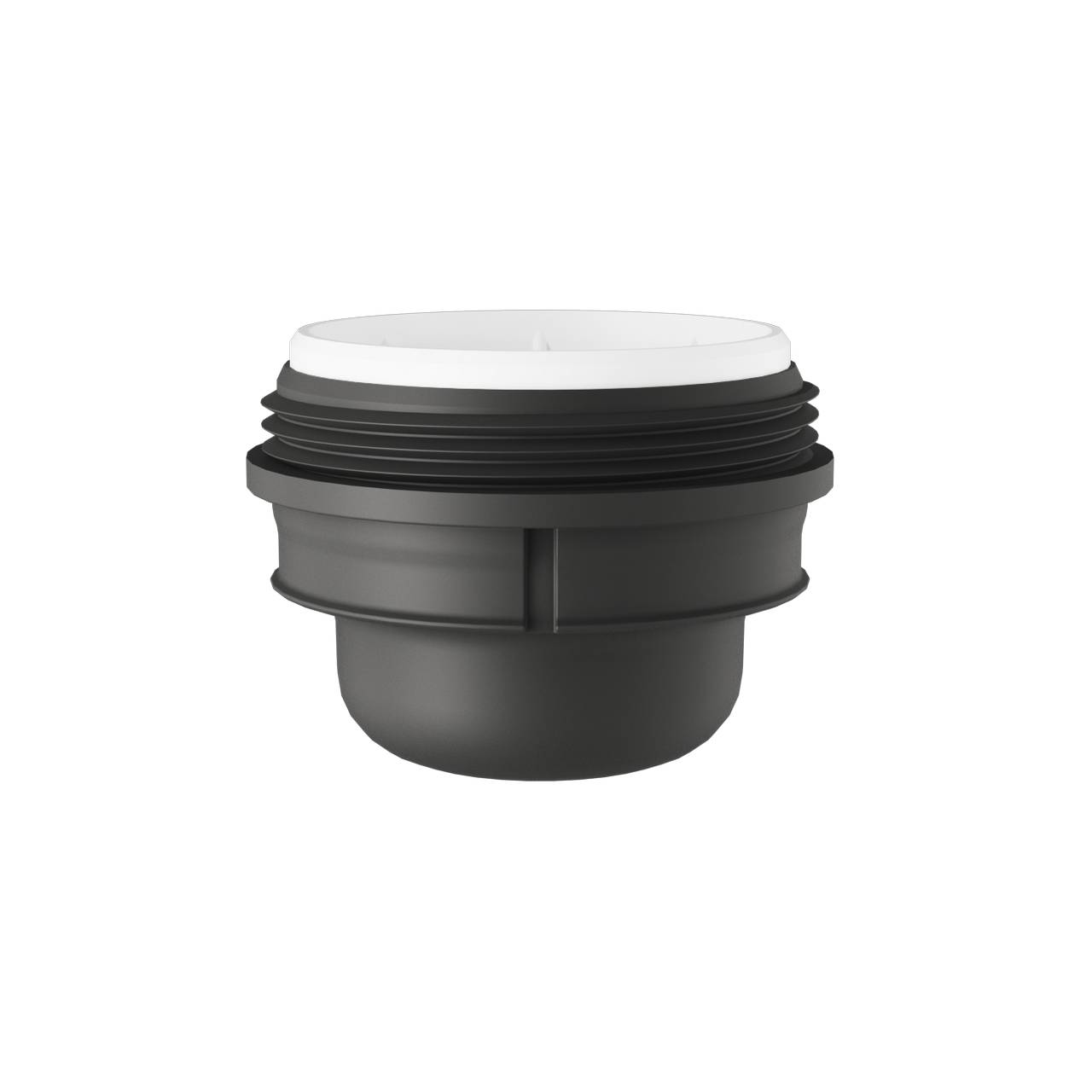 Das Bild zeigt einen schwarzen Schraubverschluss mit einem geriffelten Rand und einer weißen Innenfläche. Der Verschluss hat eine zylindrische Form und ist aus Kunststoff gefertigt.