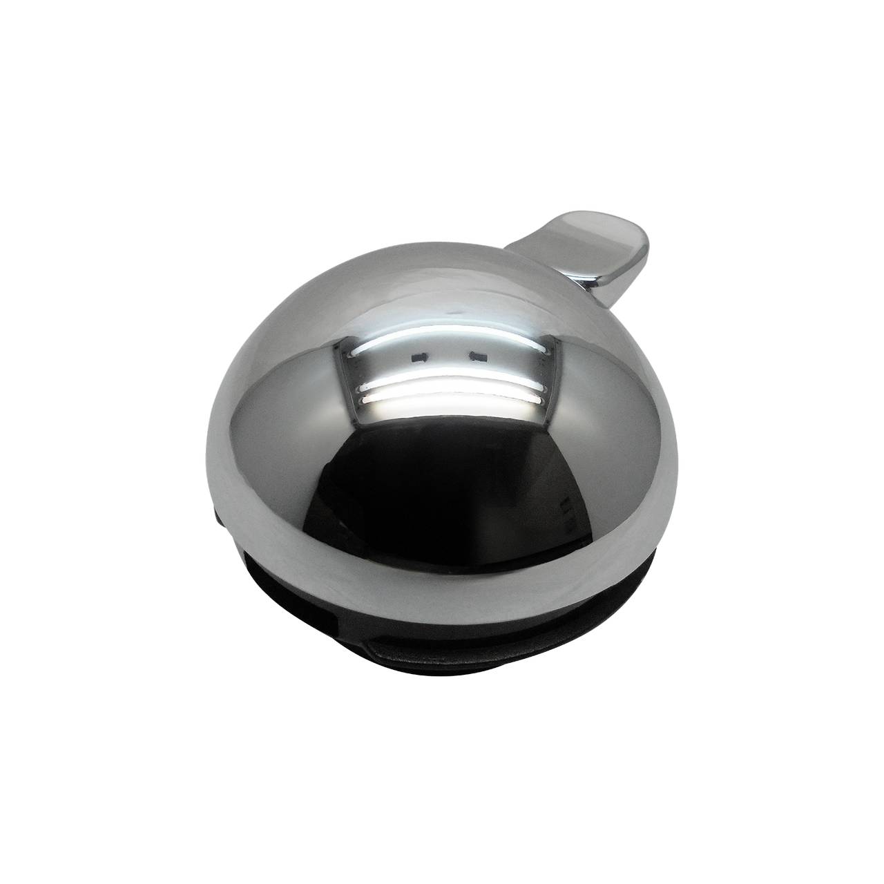 Das Bild zeigt eine glänzende, runde Metallglocke mit einer kleinen Erhöhung oder einem Hebel an der Seite. Die Oberfläche reflektiert Licht und den Umraum. Es könnte sich um eine Servicelocke oder Klingel handeln.