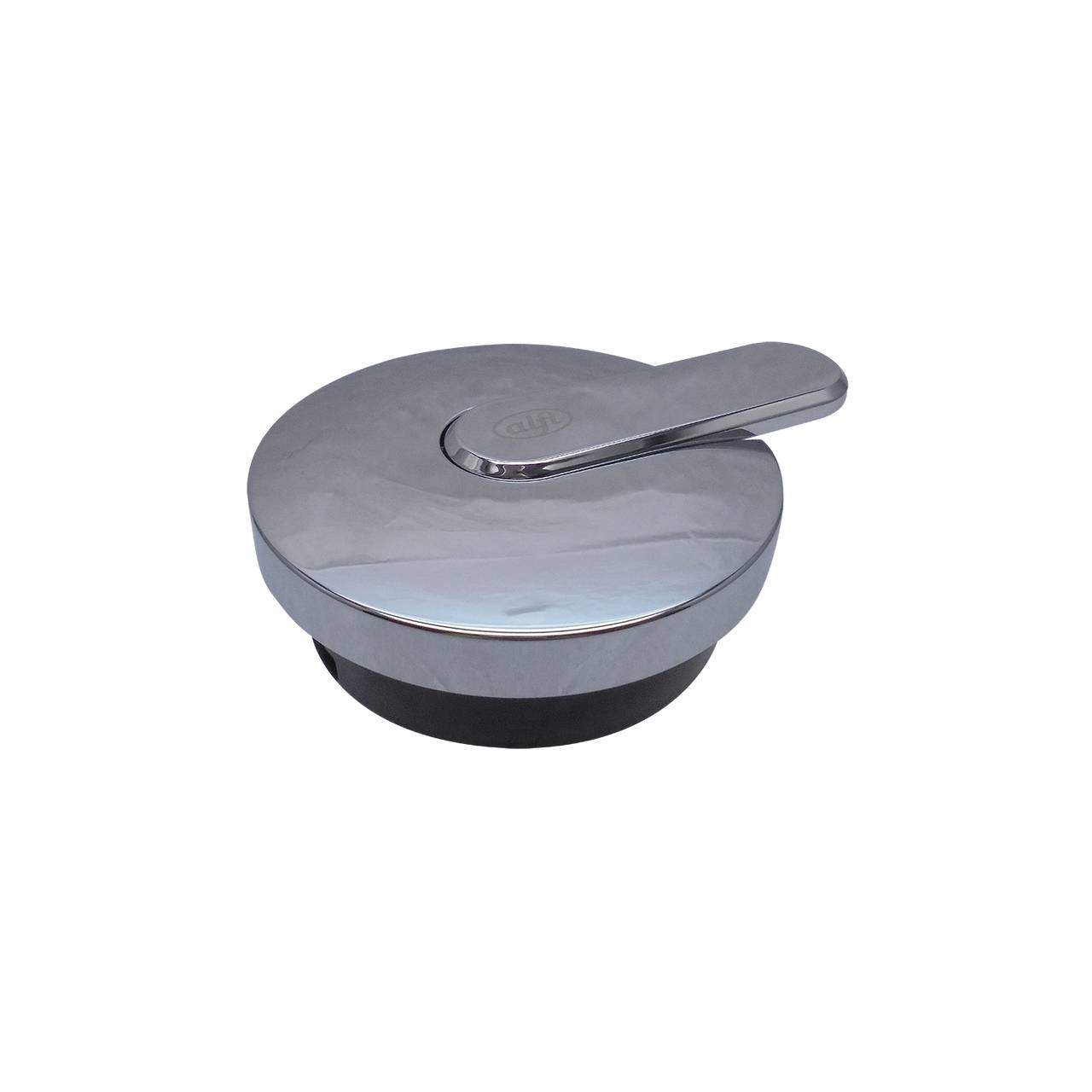 Das Bild zeigt einen glänzenden Deckel mit einem flachen, integrierten Griff, der chromfarben ist. Der Deckel hat eine runde Form und ist minimalistisch im Design.