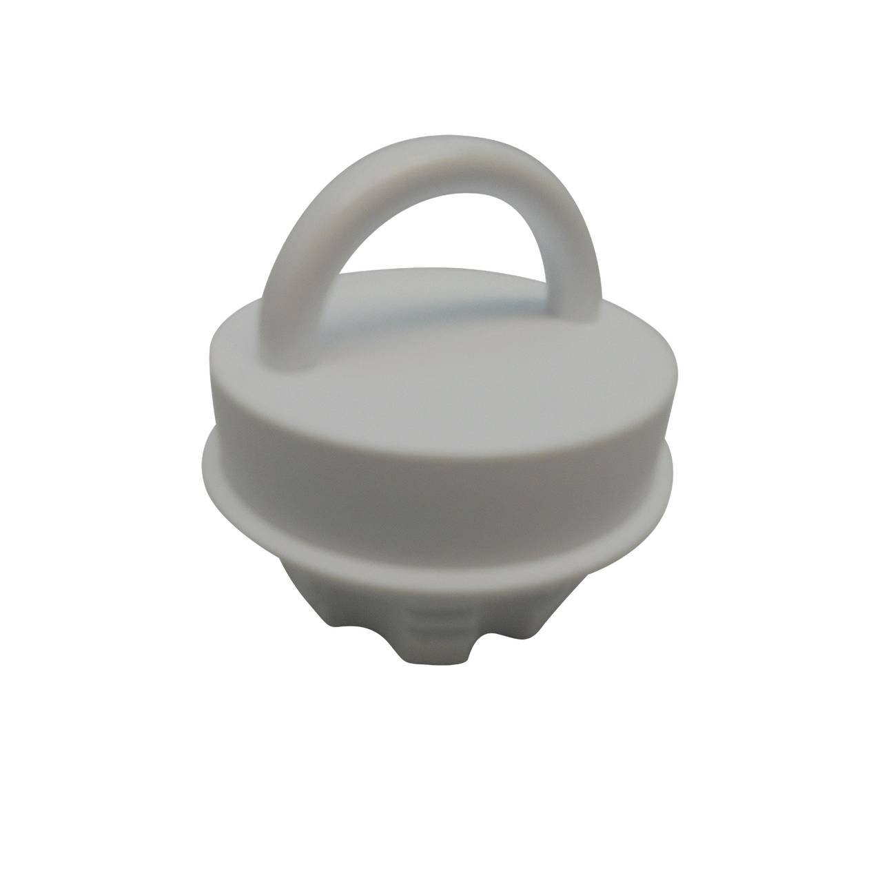 Auf dem Bild ist ein weißer Kunststoffgegenstand zu sehen, der wie ein Stöpsel geformt ist, mit einem breiten Griff oben. Die Unterseite hat eine leicht gewölbte Form, die für das Abdichten einer Öffnung geeignet sein könnte.