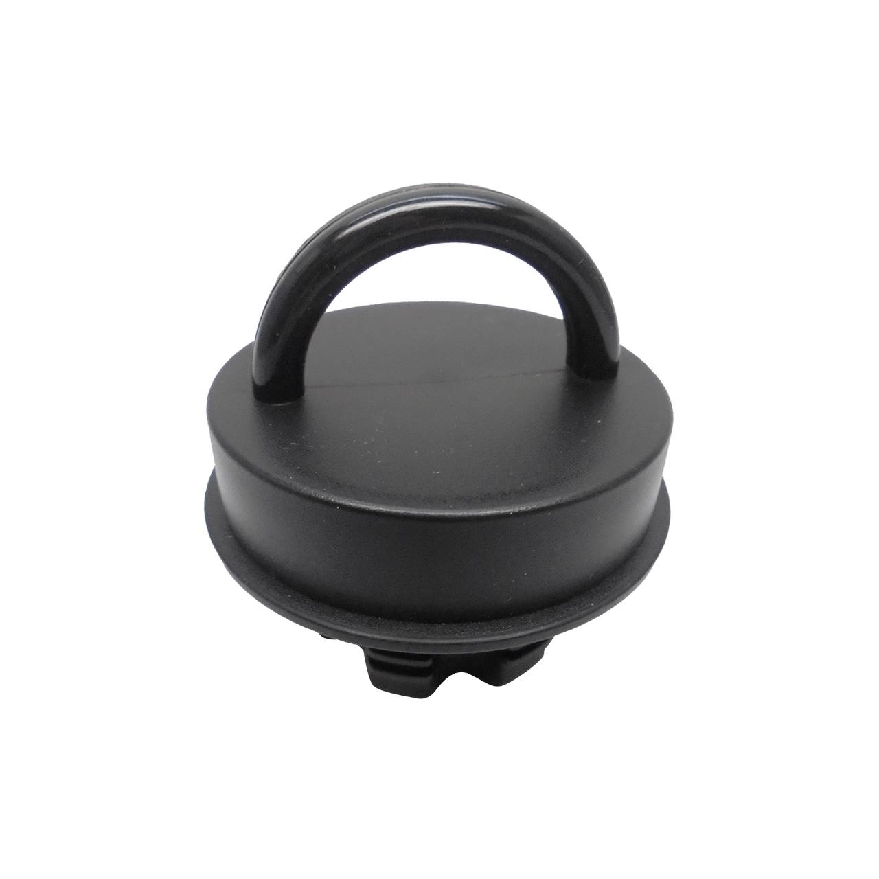 Das Bild zeigt einen schwarzen, runden Deckel mit einem gebogenen Griff oben. Der Deckel hat einen glatten, matten Look und scheint aus Kunststoff zu sein.