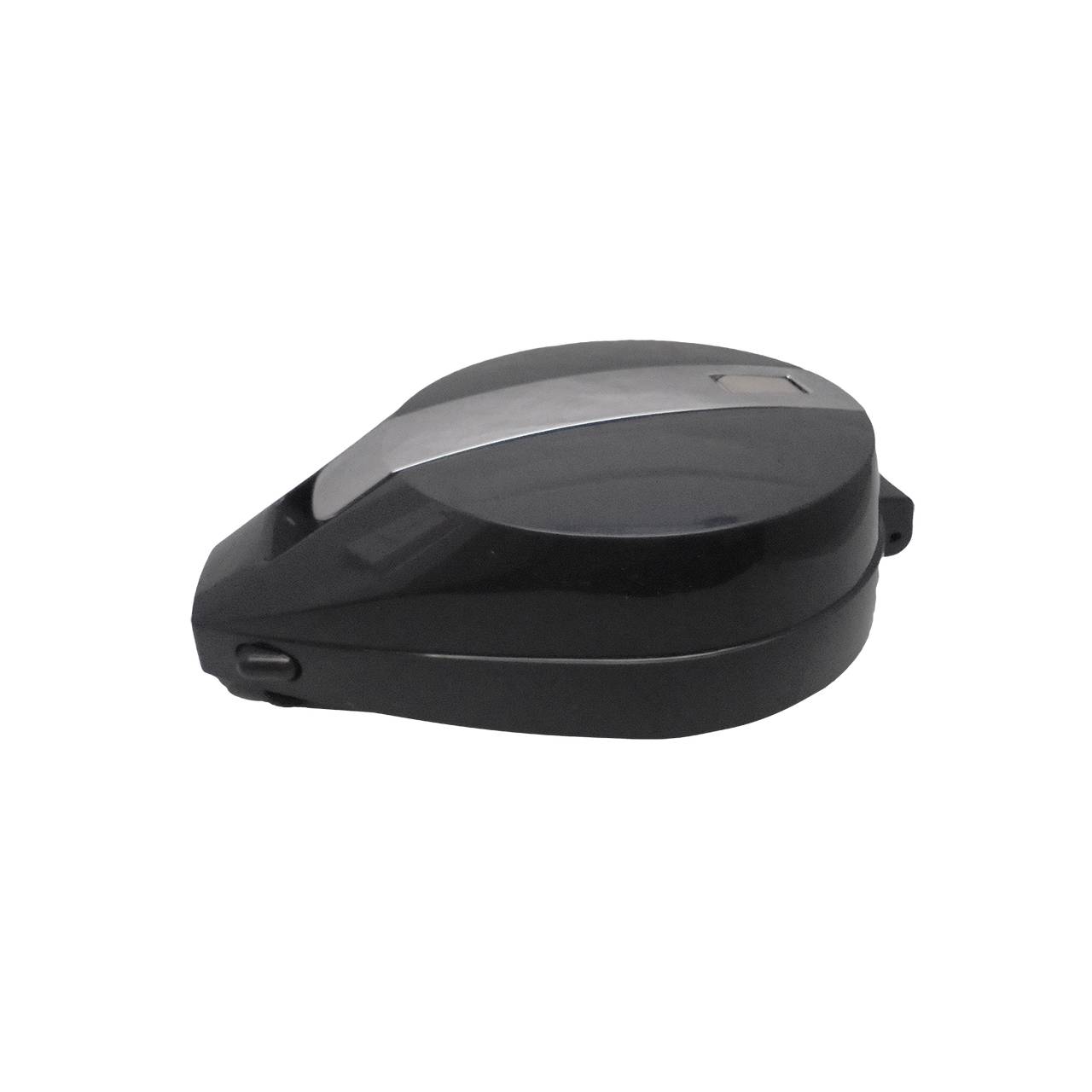 Auf dem Bild ist ein schwarzes, tropfenförmiges Gerät zu sehen, das einem Fahrradhelm ähnelt. Es hat eine glatte Oberfläche mit einem grauen Streifen auf der Oberseite. Es wirkt kompakt und modern im Design.
