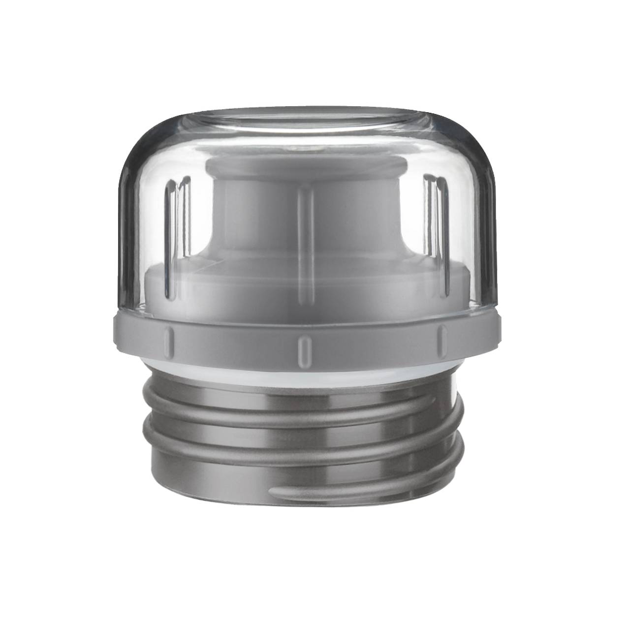 Das Bild zeigt einen metallischen Schraubverschluss mit einem durchsichtigen, gewölbten Deckel darüber. Der Deckel hat ein schlichtes, modernes Design und lässt den silbernen Verschluss darunter sichtbar.