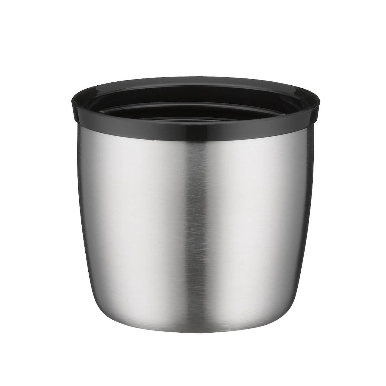 Das Bild zeigt einen silbernen, metallisch glänzenden Becher mit einer schwarzen oberen Kante. Der Becher hat eine glatte und leicht gebogene Form.