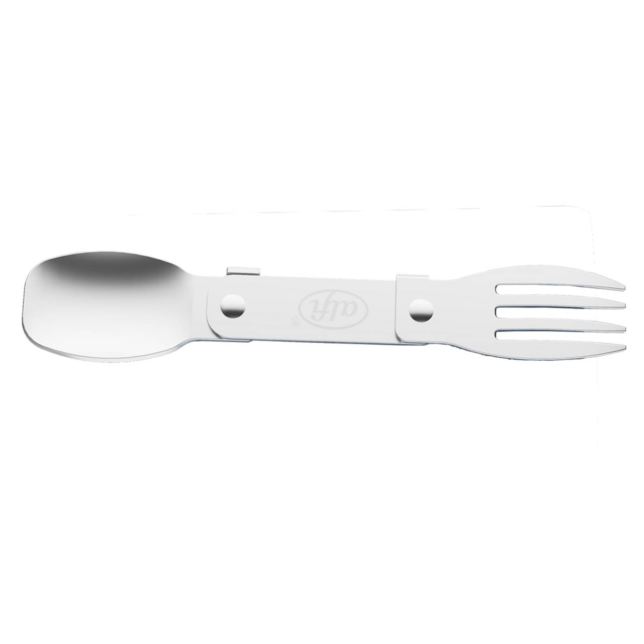 Das Bild zeigt einen Spork, ein kombiniertes Besteckstück aus Löffel und Gabel, aus Metall. Auf einer Seite befindet sich eine Löffelform, auf der anderen Seite drei Gabelzinken.