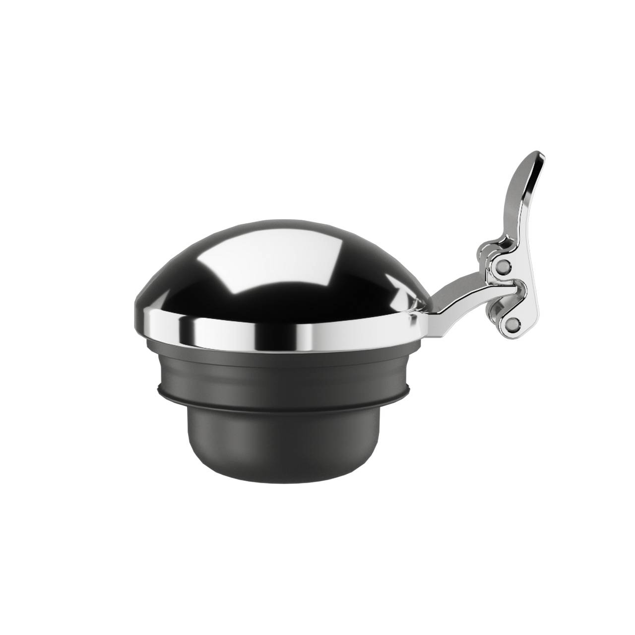 Das Bild zeigt eine silberne Fahrradklingel mit einem glänzenden, halbkugelartigen Deckel. Sie hat einen metallischen Hebel zur Betätigung auf der rechten Seite. Der untere Teil ist schwarz und zylindrisch.