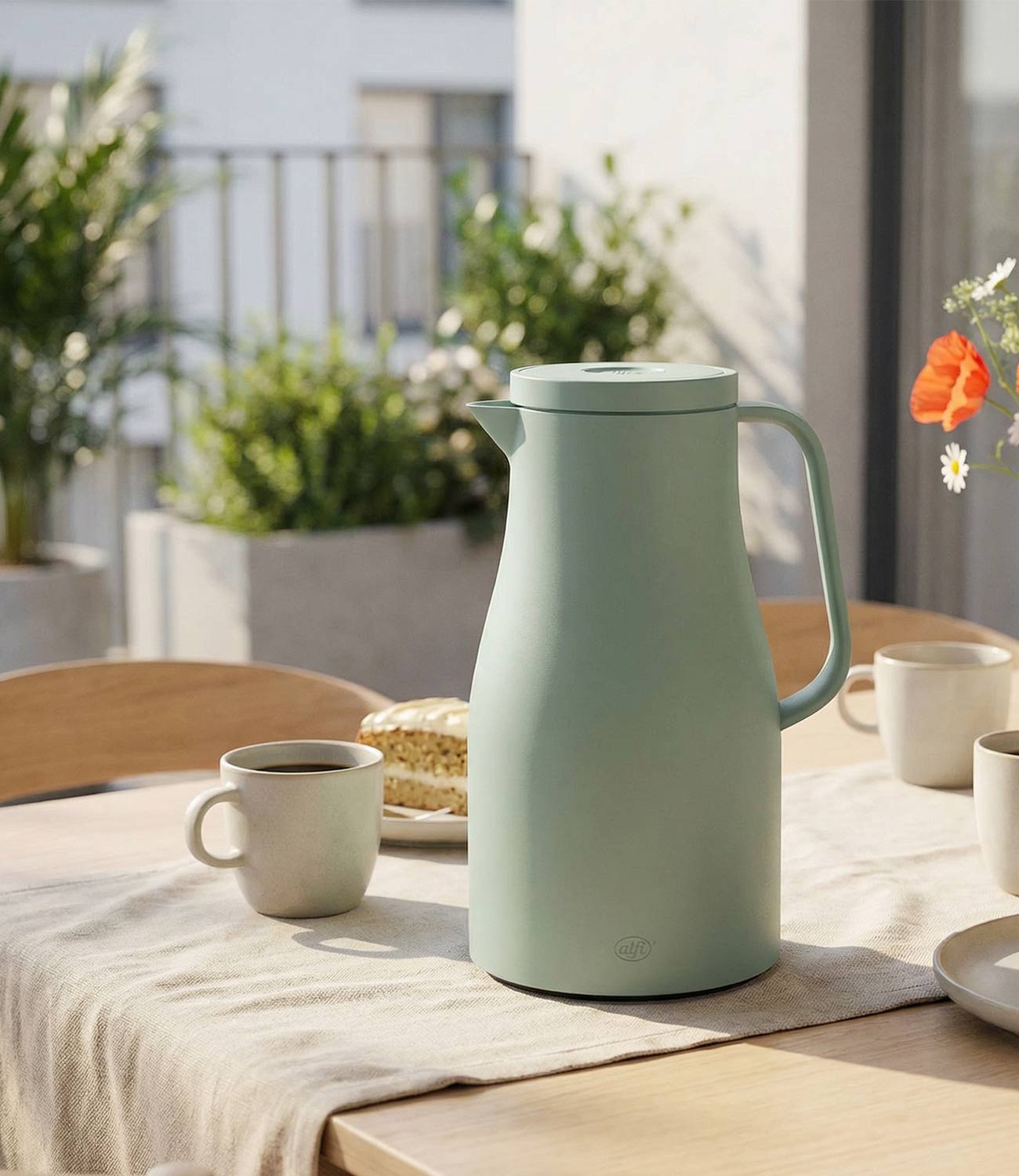 alfi neo isolierkanne auf tisch balkon tischdecke und kaffee kuchen